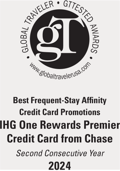 The Global Traveler USA “Best Frequent-Stay Affinity Credit Card Promotions” Award for 2024 was given to the IHG One Rewards Premier Credit Card from Chase for the Second Consecutive Year