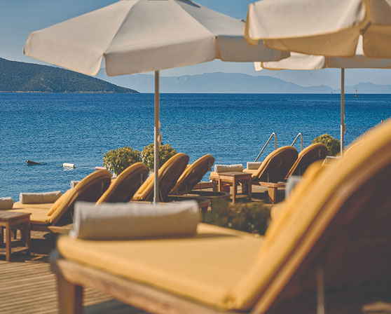 Beachfront lounge chairs under umbrellas overlooking the ocean.